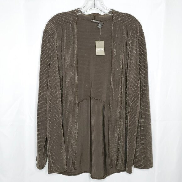 Chico's Travelers Open Cardigan Jacket Sz 2 Large Brown Gold Metallic Pin Stripe - Picture 1 of 5